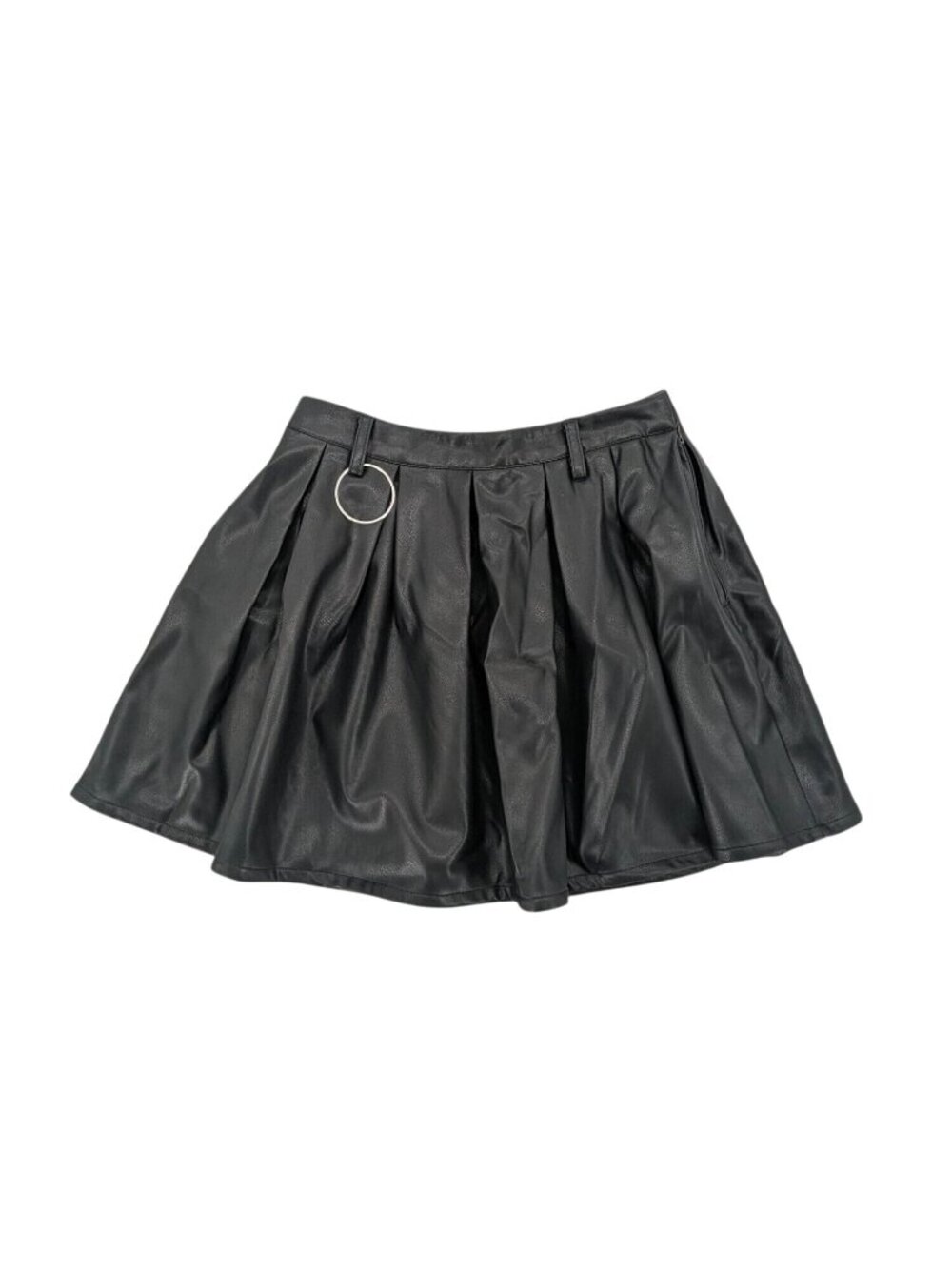 Black Faux Leather Skater Skirt O Ring Pleated Goth Grunge Rock Rave Y2K Small